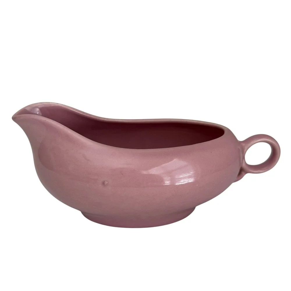Vintage Pink Ceramic Gravy Boat Mid‎ Century Unmarked Pottery Sauce Server